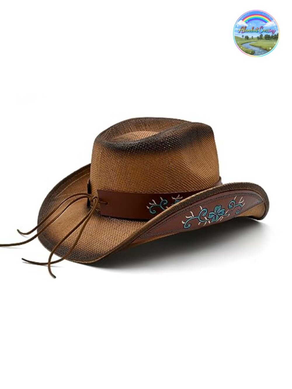 Straw Cowboy Hat with Faux Leather Turquoise Band Woven Sun Hat Western Cowgirl - Picture 2 of 3